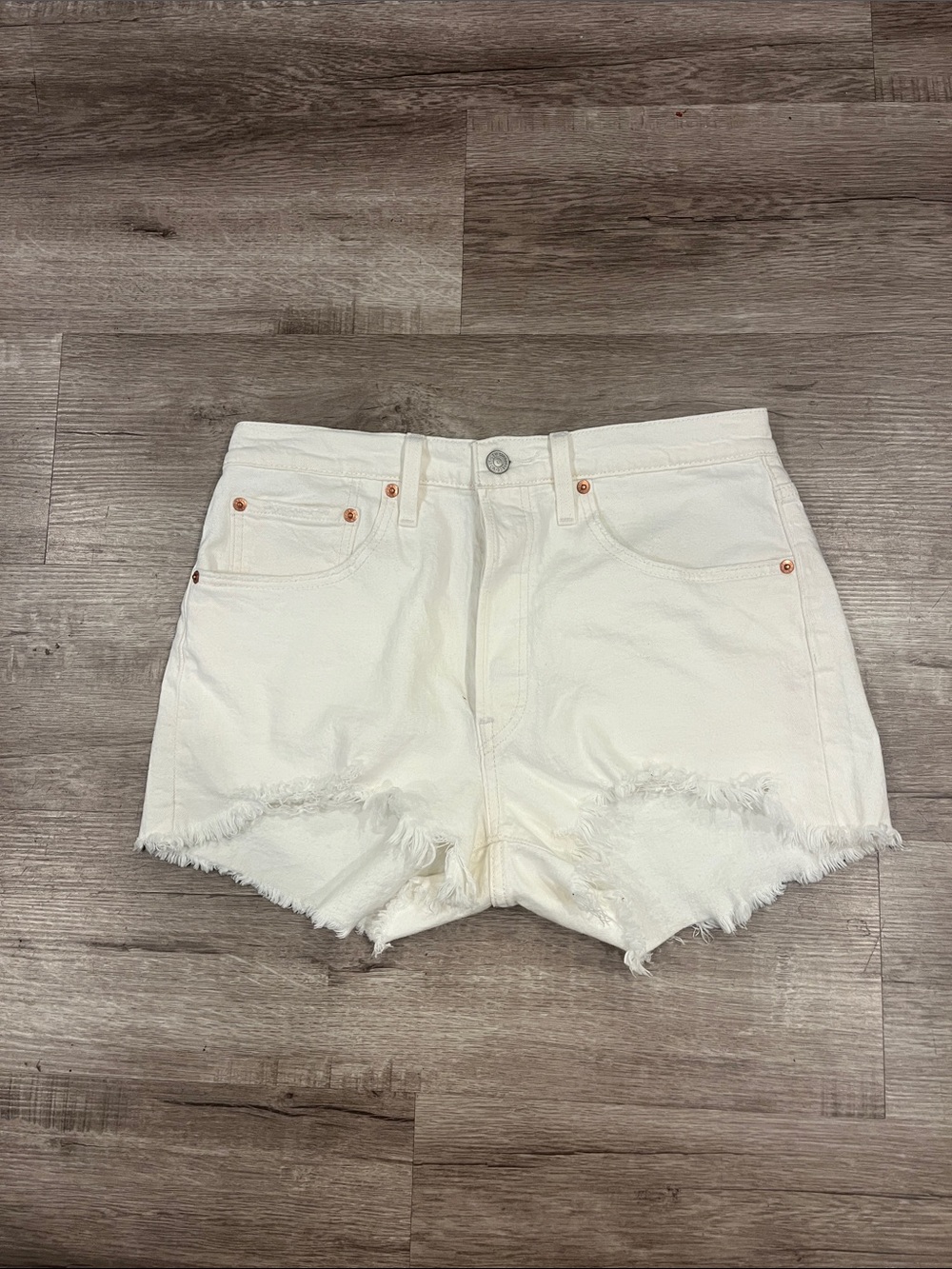 Levi 501 High-Rise White Frayed Hem Denim Shorts
